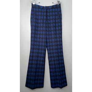 Anthropologie Trousers Sz 10 Blue Black Flared Houndstooth Pants Y2K Office Goth